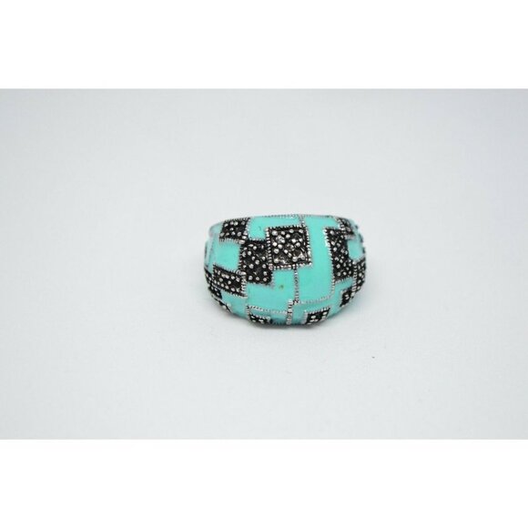 Blue Enamel Black Silver Puzzle Modernist Dome - Picture 2 of 4